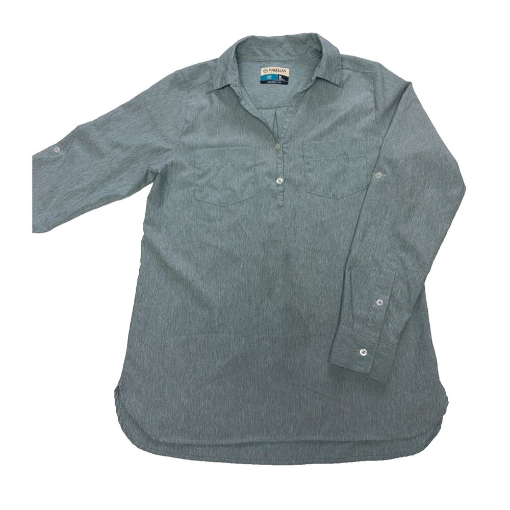 MAGELLAN Fishing Gear Shirt Women's Sz M Classic Fit Blue/ Green Roll Sleeve